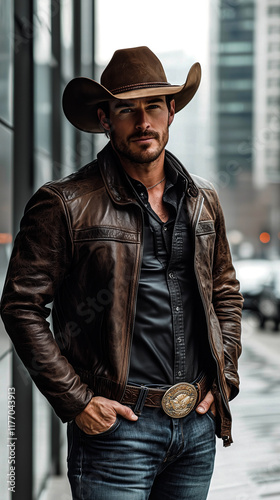 The City Cowboy – Leather Jacket, Hat, and Unmatched Style photo