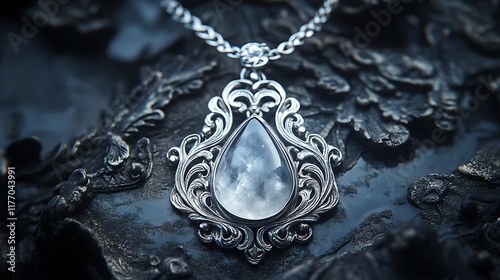 A necklace featuring a teardropshaped moonstone and silver etchings
