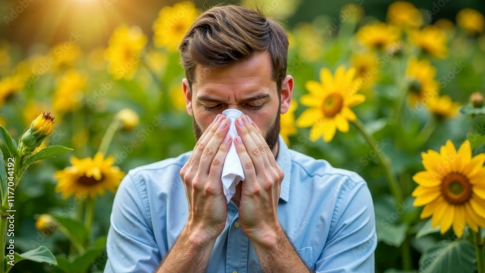 A man holds a white handkerchief to his face, apparently wiping or sneezing, experiencing allergy symptoms. Around him are colorful flowers. A man holds a white handkerchief to his face, apparently wiping or sneezing, experiencing allergy symptoms. Around him are colorful flowers.