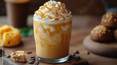 Delicious caramel iced coffee with whipped cream and toppings in a cozy cafe ...