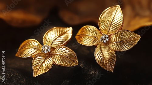 A pair of earrings in the shape of golden leaves with tiny diamonds photo