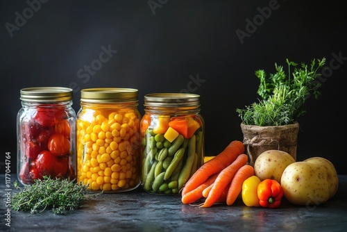 Assorted Canned Vegetables: Vibrant Mix of Peas, Corn, Green Beans, Carrots, and Potatoes for Nutrient-Packed Convenience photo