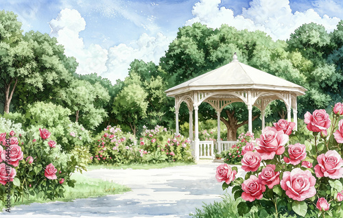 Obraz na płótnie a serene garden scene with a white gazebo surrounded by lush greenery and blooming pink roses. The sky is partly cloudy, adding to the tranquil atmosphere. w salonie