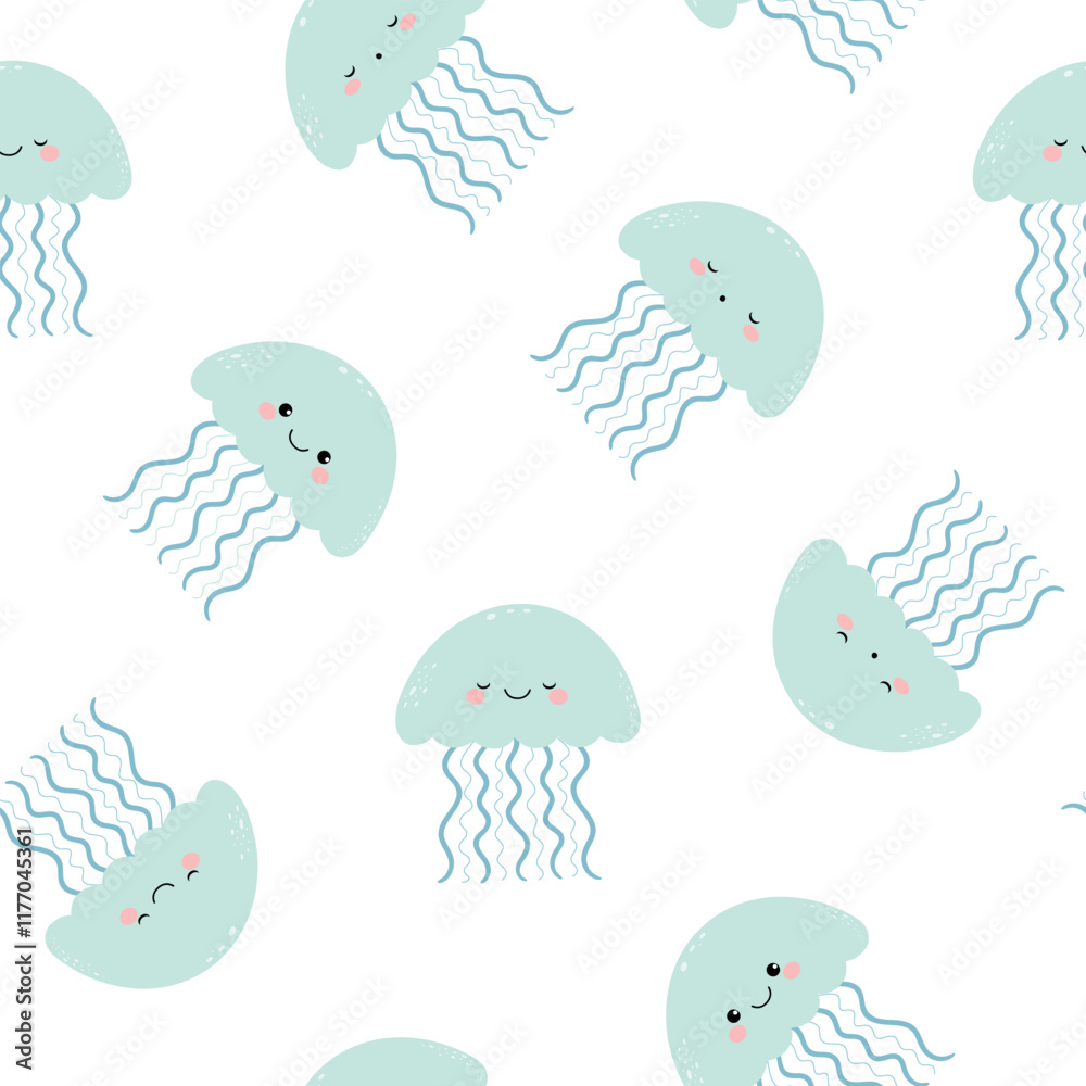 Obraz premium Seamless pattern with cute smiling and sleeping jellyfish. Vector.