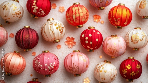 Decorative red lanterns hanging on a wall for celebration during festive season in a cultural setting