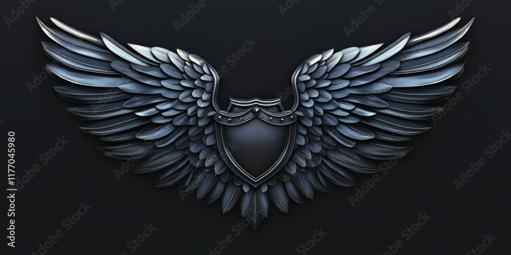 Fototapeta premium Three-Dimensional Black Metal Wings Emblem Isolated on Dark Background - Left Perspective View