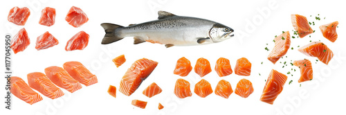 A whole salmon is displayed alongside various cuts of salmon fillets. The vibrant pink fish portions are ready for cooking, showcasing their freshness and quality. photo