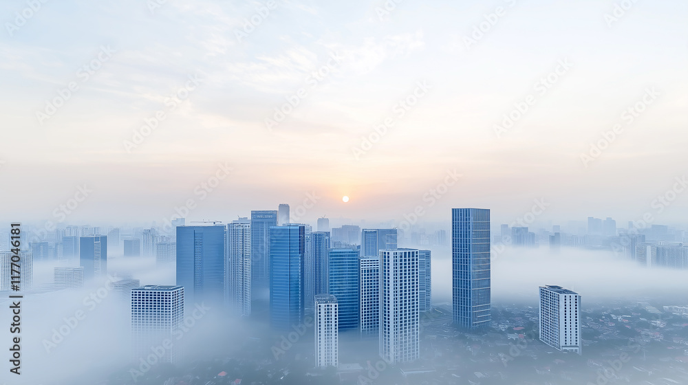 Fototapeta premium Extreme long shot of the cityscape at dawn. The sun, a orange orb, casting a warm glow . The city skyline is obscured by a hazy atmosphere, A misty morning paints a soft, sleeping city,aerial view.