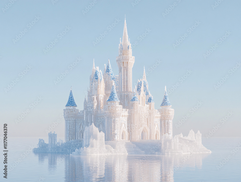 Obraz premium a grand, icy castle structure with intricate details and spires, set against a clear sky. The castle is built entirely of ice and appears to be located in a vast, snowy landscape.