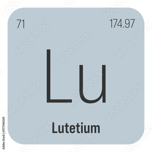 Lutetium, Lu, periodic table element with name, symbol, atomic number and weight. Rare earth metal with various industrial uses, such as in medical imaging, nuclear power, and as a catalyst in certain