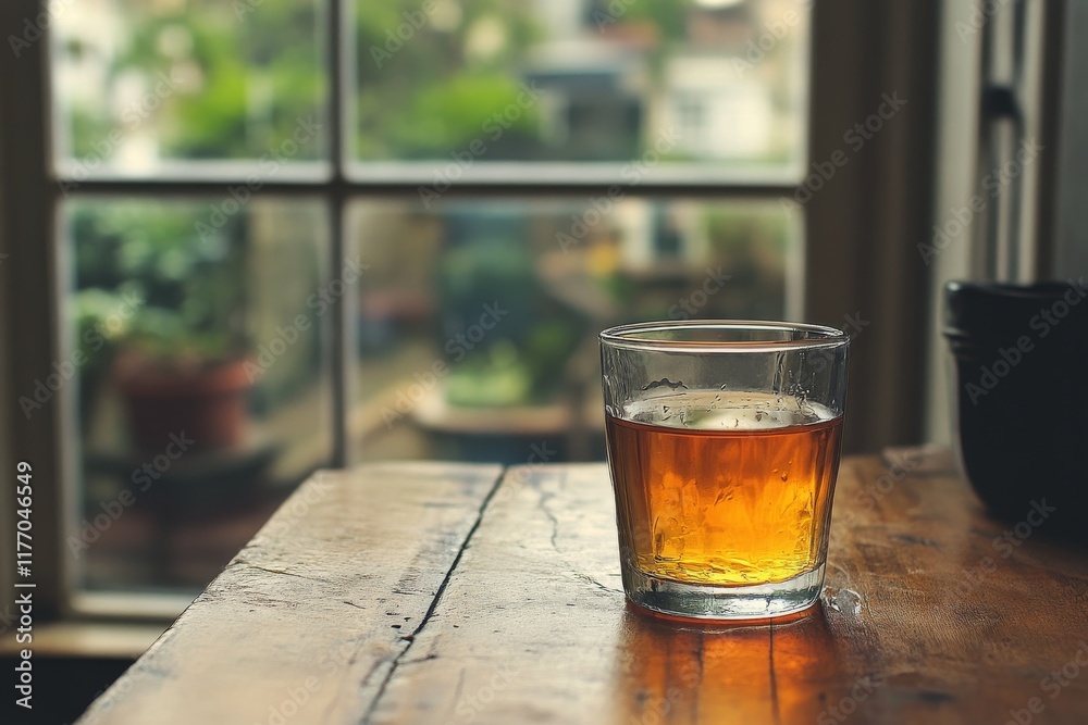 Warm evening light reflecting off a glass of amber drink on a wooden table by a window Warm evening light reflecting off a glass of amber drink on a wooden table by a window
