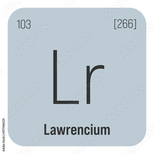 Lawrencium, Lr, periodic table element with name, symbol, atomic number and weight. Synthetic radioactive element with potential uses in scientific research and nuclear power.
