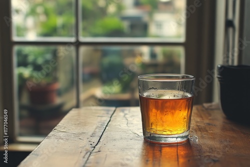 Warm evening light reflecting off a glass of amber drink on a wooden table by...
