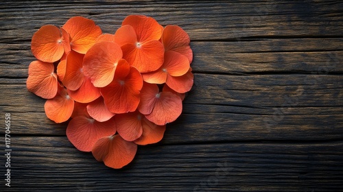 Heart shape made of colorful flower petals arranged on wooden surface