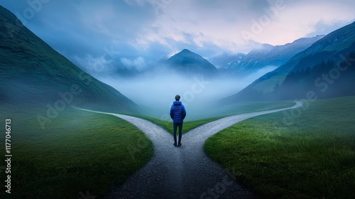 A lone figure stands at a narrow mountain trail that splits into two paths, surrounded by misty hills and dramatic landscapes at dawn.