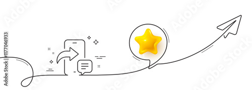 Phone message line icon. Continuous line with share plane. Smartphone app sign. Cellphone mobile device symbol. 3d star in speech bubble. Phone message single line ribbon. Loop curve pattern. Vector