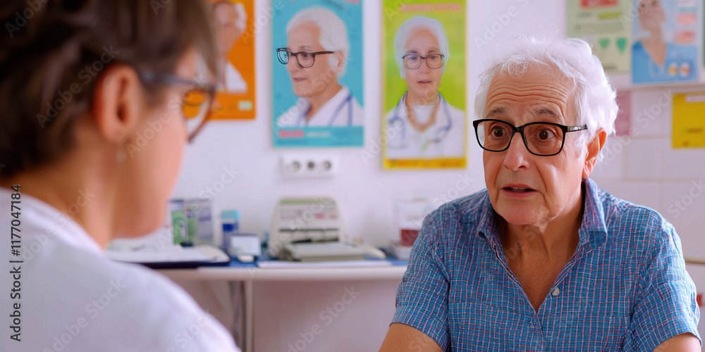 Obraz premium Healthcare Access and Disparities Concept. Elderly patient discussing health with caregiver in clinic setting