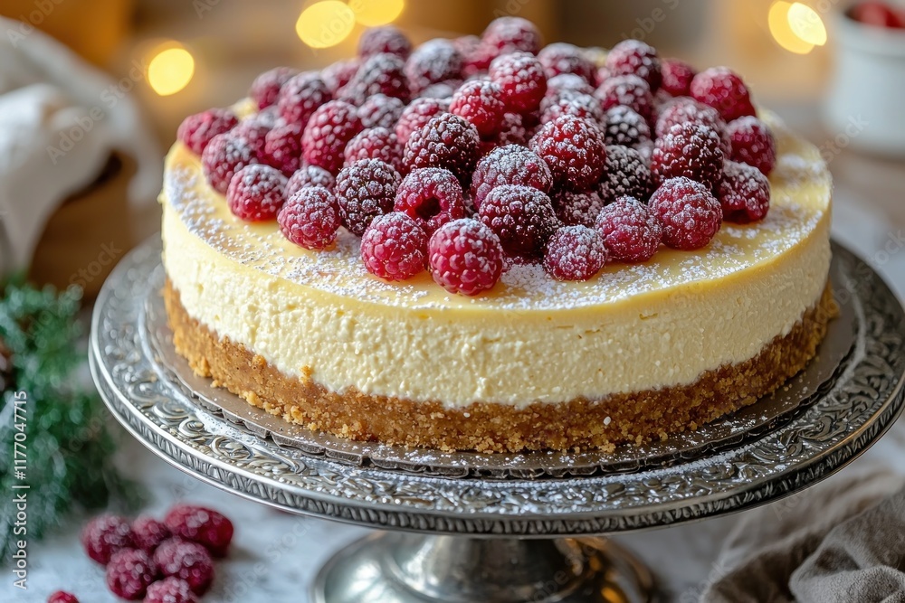 Raspberry cheesecake on silver pedestal with festive background lights Raspberry cheesecake on silver pedestal with festive background lights