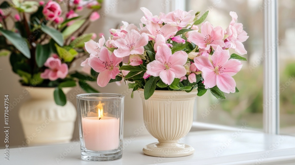 Pink azaleas in urn vase with candle. Pink azaleas in urn vase with candle.