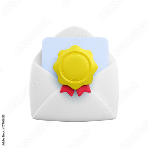 Vector cartoon 3d award letter. Realistic 3d render white opened envelope with gold medal. Achievement, winner letter symbol, gift certificate or recommendation email sign. Diploma concept.