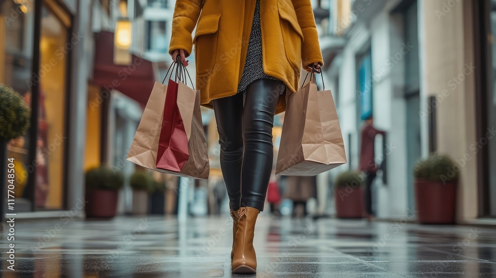 Fototapeta premium Stylish shopper walking confidently with a mix of paper bags in an upscale setting