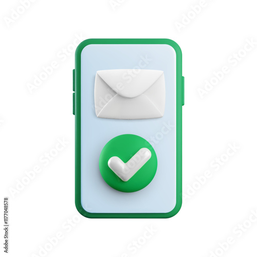 Cartoon Vector 3d accepted message icon. Realistic 3d render envelope with green yes check mark on smartphone screen. Confirmed incoming message notification. Checked email, successful mail delivery.