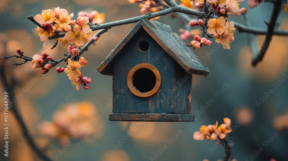 Bright blue birdhouse hangs on a branch amidst colorful fruit in a lush garden Bright blue birdhouse hangs on a branch amidst colorful fruit in a lush garden