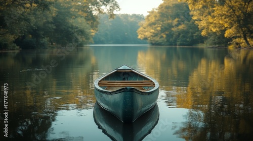 Peaceful kayaking on a calm lake surrounded by trees in early morning light