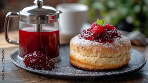 Delicious scone topped with raspberry jam and tea served on a wooden table in...