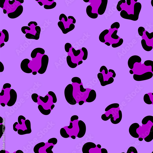 Cute leopard spots heart seamless pattern. Vector hand drawn violet animal leo skin print. Safari spotted texture background for fashion love print, fabric, textile, Valentines day decor, backgrounds.