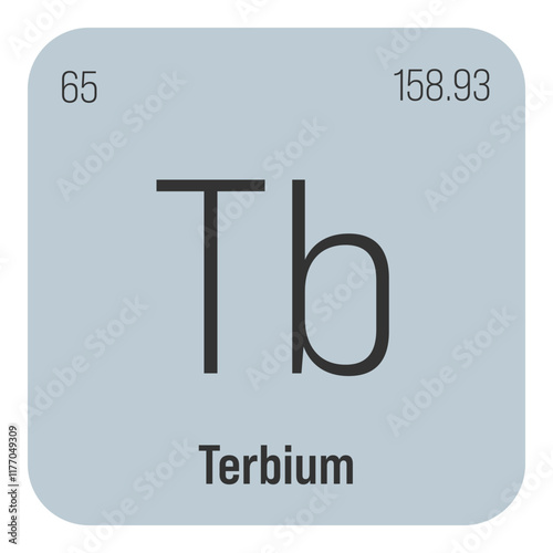 Terbium, Tb, periodic table element with name, symbol, atomic number and weight. Rare earth metal with various industrial uses, such as in certain types of lighting and as a component in certain types