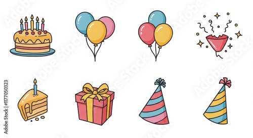 Birthday Party Icon Set with Cake Balloons Gifts and Hats