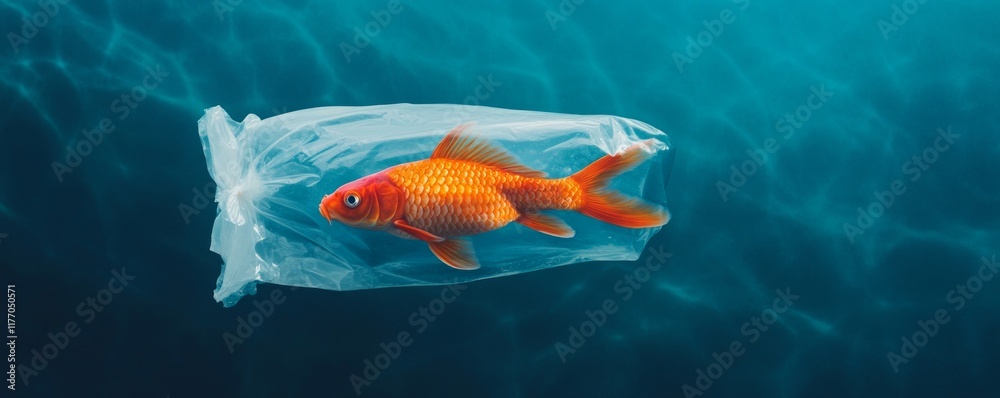 Obraz premium Overprotection concept. Goldfish trapped in plastic, floating in blue water.