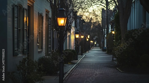 Fototapeta Naklejka Na Ścianę i Meble -  A quiet street in a small town with old street lamps lighting the way