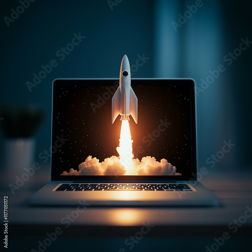 Rakete startet aus Laptop mit leuchtenden Effekten im Dunkeln

