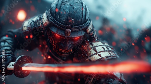 A fierce samurai warrior, donning traditional armor, wields a fiery katana sword with red glowing eyes in the midst of battle, exuding power and intensity.