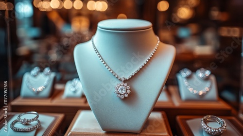 Elegant diamond necklace on display at a luxury jewelry store in the evening