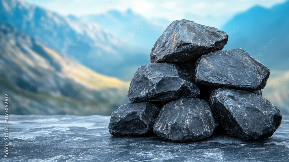 Bold black rocks are artfully arranged in the foreground, with blurred mountains receding into the distance, suggesting persistence and determination. Bold black rocks are artfully arranged in the foreground, with blurred mountains receding into the distance, suggesting persistence and determination.