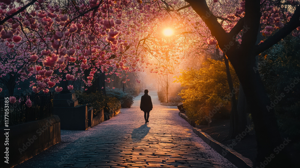 Fototapeta premium An evocative outdoor scene featuring a solitary figure walking along a cobblestone path, framed by cherry blossoms in full bloom, soft pink petals cascading gently in the breeze