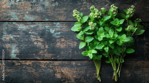 Fresh mint leaves arranged on a rustic wooden surface with an aged turquoise ...