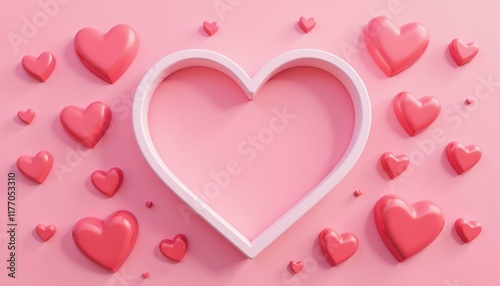 Pink glossy hearts scattered around a white outlined heart on a light pink background, romantic love concept. Ideal for Valentines Day, wedding cards, or love-themed marketing campaign.