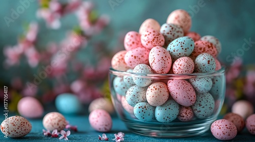Colorful easter eggs displayed in a jar with cherry blossom branches on a woo...