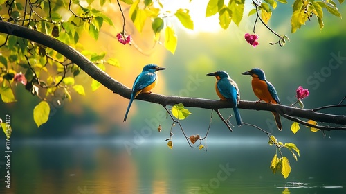 A serene lakeside with colorful birds perched on branches chirping happily photo