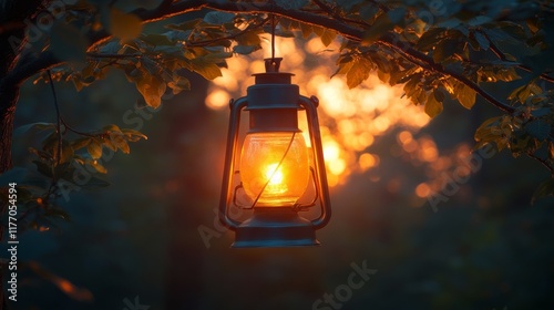 Warm lantern light hangs from tree branches in a tranquil evening garden