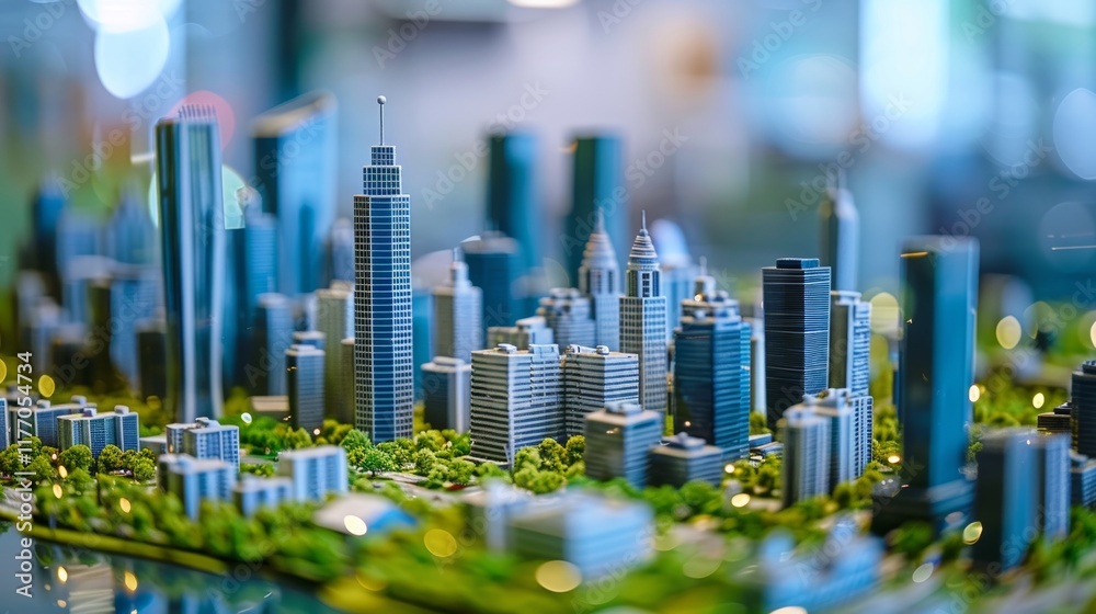 Obraz premium Miniature model showcasing a contemporary urban skyline with lush green spaces and skyscrapers