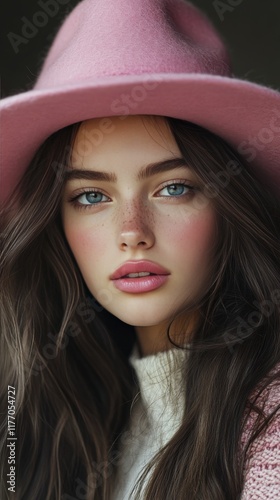 Young woman with blue eyes and freckles wearing a large pink hat in soft ligh...