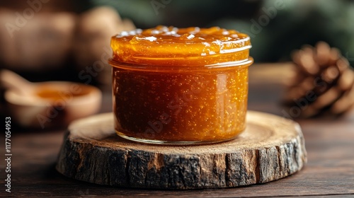 Homemade citrus jam in a glass jar with fresh mint leaves on rustic wooden board