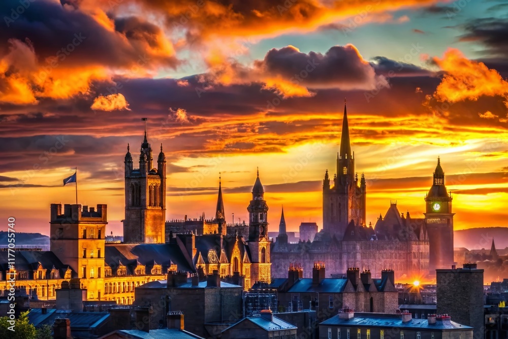 Fototapeta premium Aberdeen Scotland Silhouette Cityscape - Dramatic Sunset