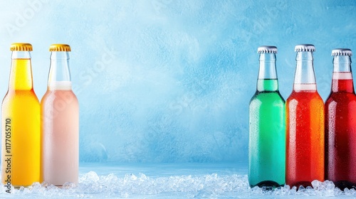 A selection of colorful beverage bottles is showcased on a bed of ice, contrasting against a blue background, creating a vibrant and refreshing visual. photo