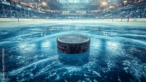 Ice hockey puck resting on frozen surface with blurred lights in the backgrou...